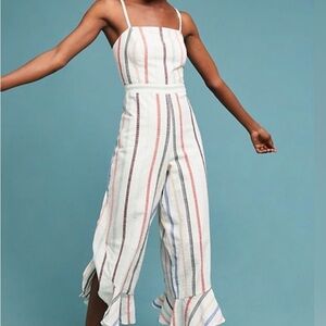 Anthropologie Striped White Jumpsuit with Ruffle Hem